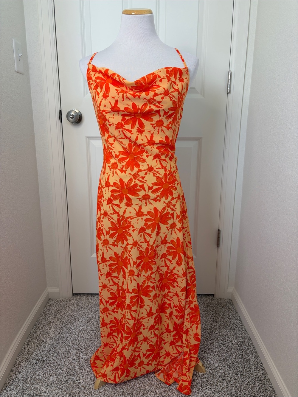 emory park Orange and Cream Floral Cowl Neck Maxi Dress
